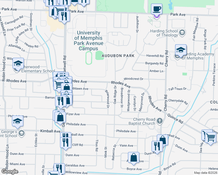 map of restaurants, bars, coffee shops, grocery stores, and more near 1225 Briarwood Drive in Memphis