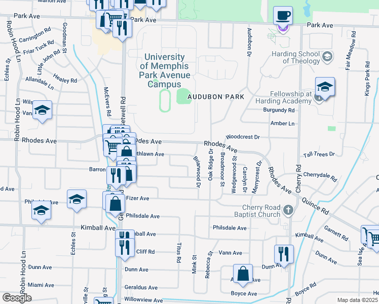 map of restaurants, bars, coffee shops, grocery stores, and more near 1225 Briarwood Drive in Memphis