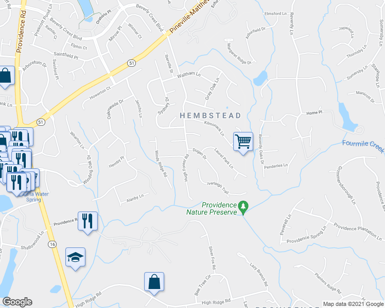 map of restaurants, bars, coffee shops, grocery stores, and more near 2013 Dugan Drive in Charlotte