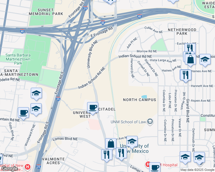 map of restaurants, bars, coffee shops, grocery stores, and more near 1520 University Boulevard Northeast in Albuquerque