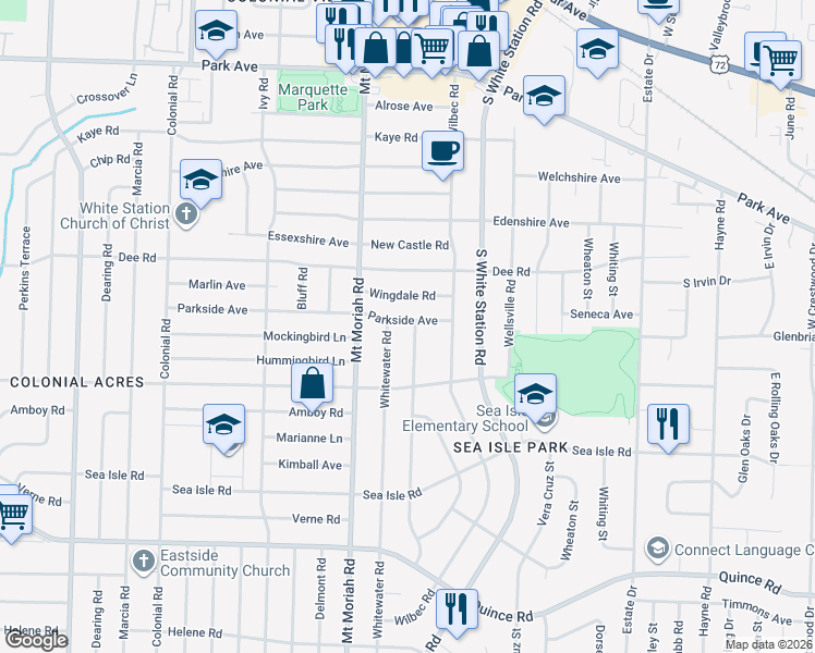 map of restaurants, bars, coffee shops, grocery stores, and more near 5045 Parkside Avenue in Memphis