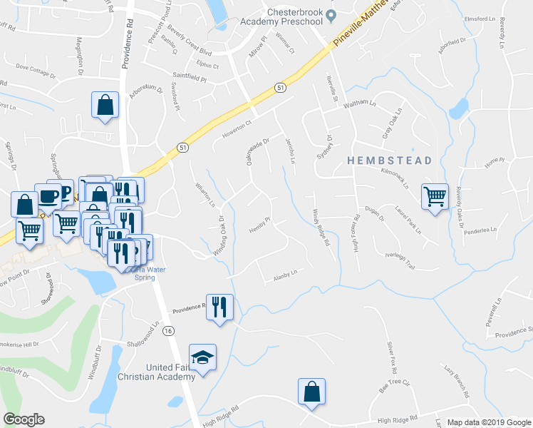 map of restaurants, bars, coffee shops, grocery stores, and more near 2300 Hemby Place in Charlotte