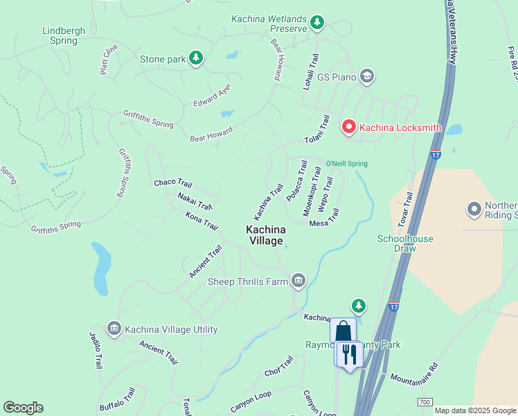 map of restaurants, bars, coffee shops, grocery stores, and more near 2722 Kachina Trail in Flagstaff