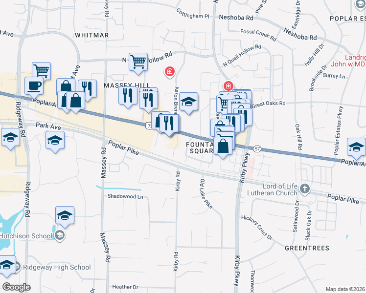 map of restaurants, bars, coffee shops, grocery stores, and more near 1859 Poplar Pines Drive in Memphis
