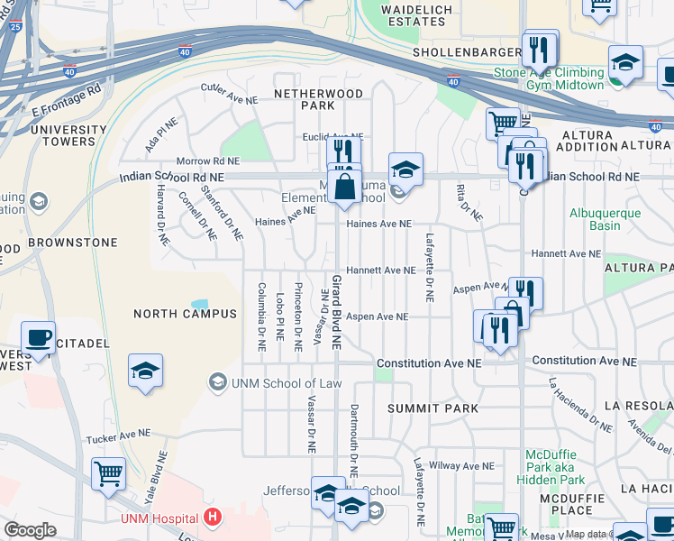 map of restaurants, bars, coffee shops, grocery stores, and more near Girard Blvd NE & Hannett Ave NE in Albuquerque