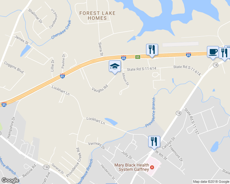 map of restaurants, bars, coffee shops, grocery stores, and more near 192 Vaughn Road in Gaffney