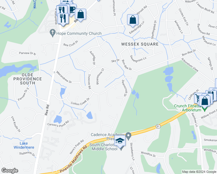 map of restaurants, bars, coffee shops, grocery stores, and more near 4917 Truscott Road in Charlotte