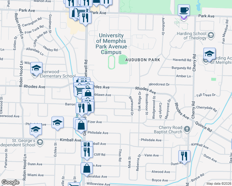 map of restaurants, bars, coffee shops, grocery stores, and more near 4078 Southlawn Avenue in Memphis
