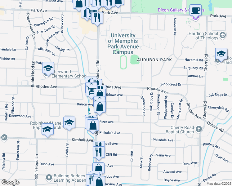 map of restaurants, bars, coffee shops, grocery stores, and more near 4026 Southlawn Avenue in Memphis
