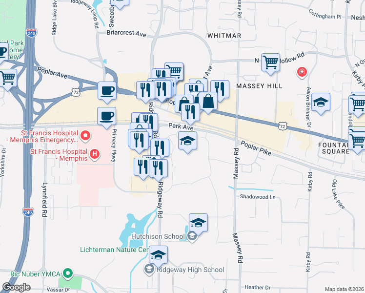map of restaurants, bars, coffee shops, grocery stores, and more near 6191 Park Ave in Memphis