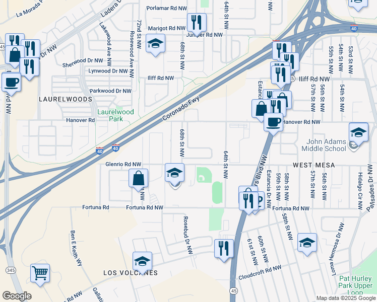 map of restaurants, bars, coffee shops, grocery stores, and more near 1151 Telstar Loop Northwest in Albuquerque