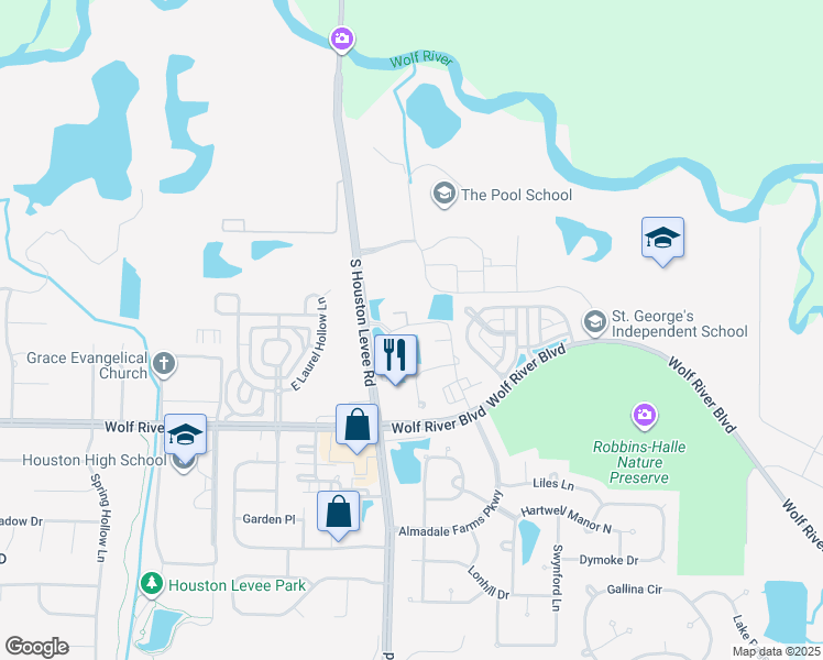 map of restaurants, bars, coffee shops, grocery stores, and more near 1945 North Dogwood Creek Drive in Collierville
