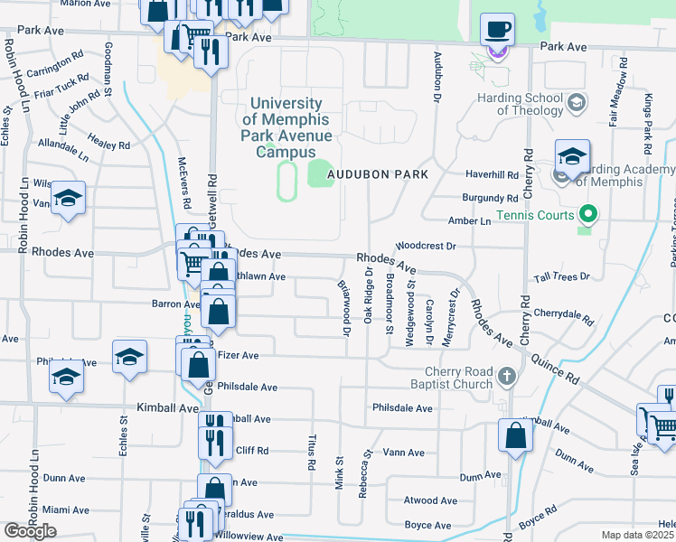 map of restaurants, bars, coffee shops, grocery stores, and more near 1225 Briarwood Drive in Memphis
