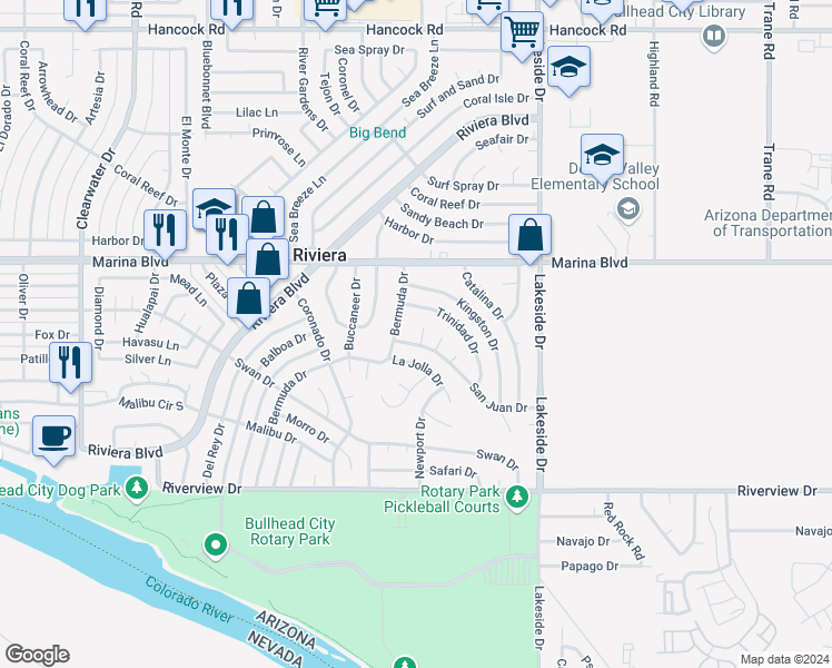 map of restaurants, bars, coffee shops, grocery stores, and more near 883 San Juan Circle in Bullhead City