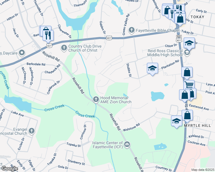 map of restaurants, bars, coffee shops, grocery stores, and more near 1719 Zion Drive in Fayetteville