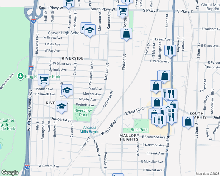 map of restaurants, bars, coffee shops, grocery stores, and more near 1798 Blair Hunt Drive in Memphis
