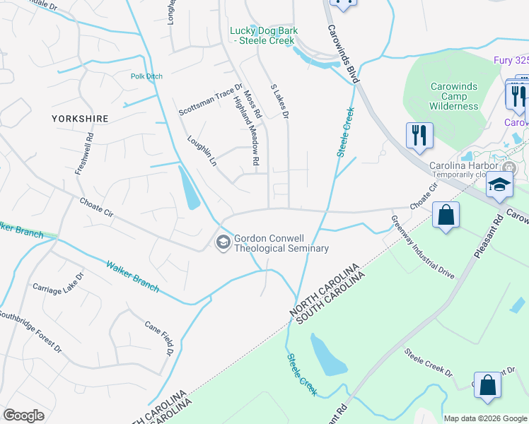 map of restaurants, bars, coffee shops, grocery stores, and more near 14746 Choate Circle in Charlotte