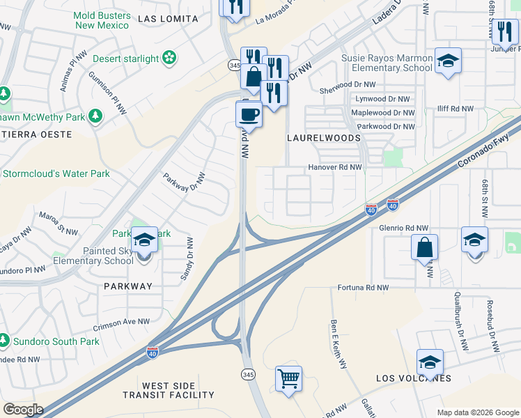 map of restaurants, bars, coffee shops, grocery stores, and more near 7923 Tafwood Road Northwest in Albuquerque