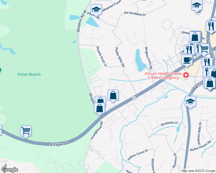map of restaurants, bars, coffee shops, grocery stores, and more near 14043 Singleleaf Lane in Charlotte
