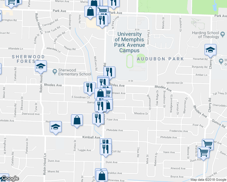 map of restaurants, bars, coffee shops, grocery stores, and more near 3988 Southlawn Avenue in Memphis