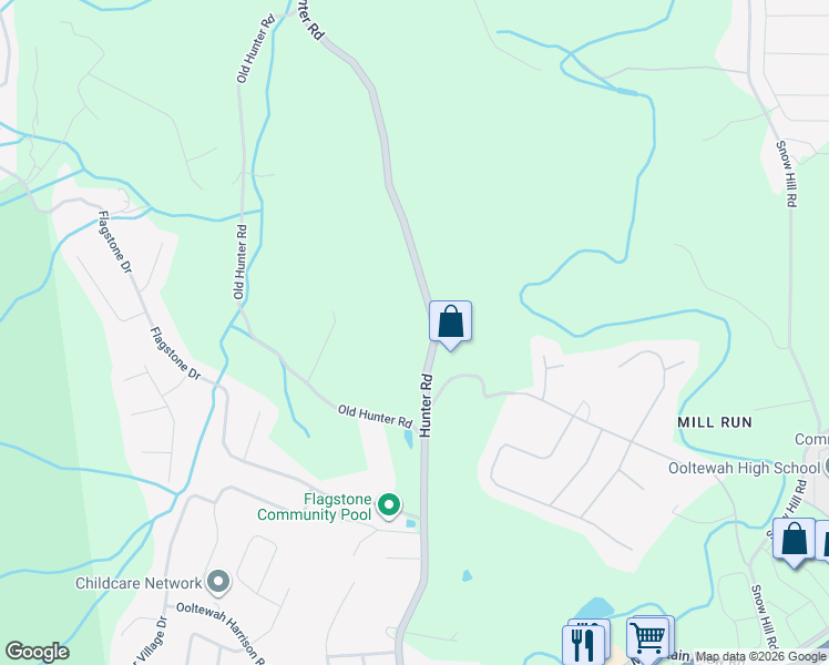 map of restaurants, bars, coffee shops, grocery stores, and more near 5539 Old Hunter Road in Ooltewah