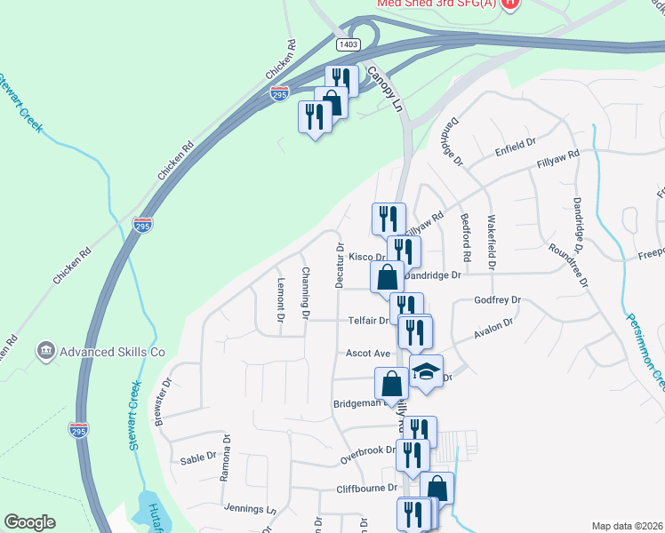 map of restaurants, bars, coffee shops, grocery stores, and more near 297 Decatur Drive in Fayetteville