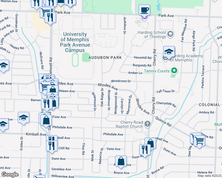 map of restaurants, bars, coffee shops, grocery stores, and more near 4201 Rhodes Avenue in Memphis