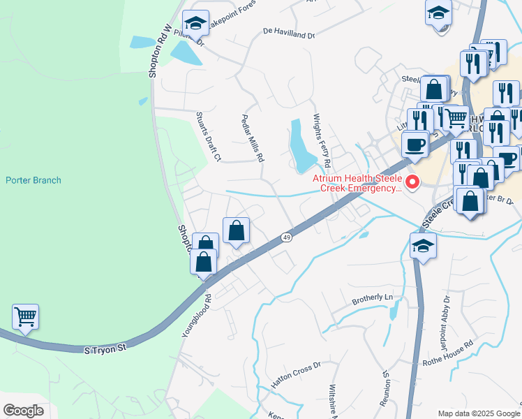map of restaurants, bars, coffee shops, grocery stores, and more near 13768 Singleleaf Lane in Charlotte