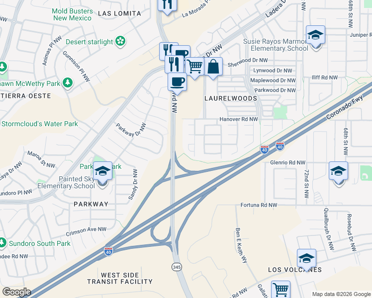 map of restaurants, bars, coffee shops, grocery stores, and more near 7923 Tafwood Road Northwest in Albuquerque