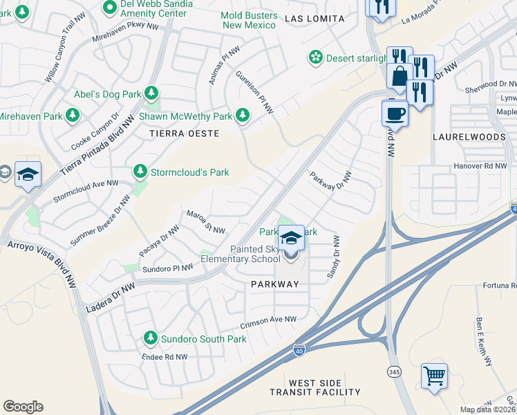map of restaurants, bars, coffee shops, grocery stores, and more near 8301 Casa Morena Court Northwest in Albuquerque