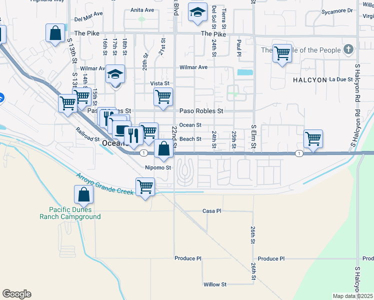 map of restaurants, bars, coffee shops, grocery stores, and more near 2281 Cienaga Street in Oceano