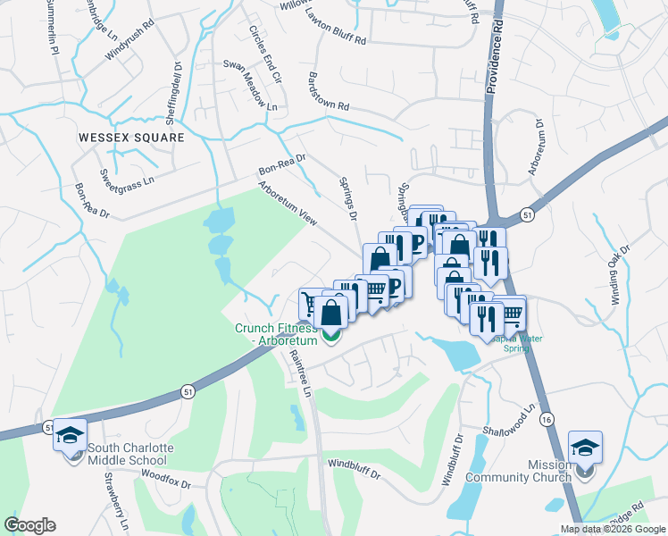 map of restaurants, bars, coffee shops, grocery stores, and more near 3338 Chilham Place in Charlotte