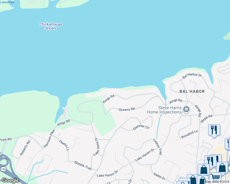 map of restaurants, bars, coffee shops, grocery stores, and more near 3731 Kings Road in Chattanooga