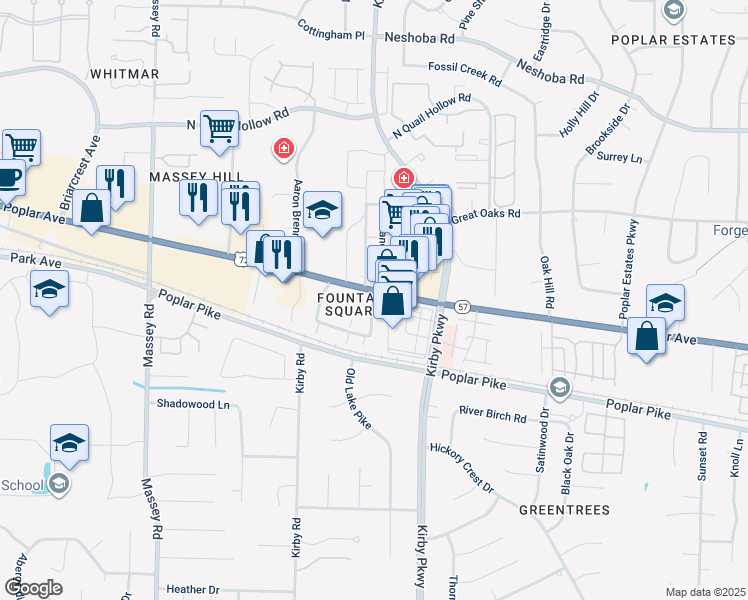 map of restaurants, bars, coffee shops, grocery stores, and more near 6617 Poplar Avenue in Germantown