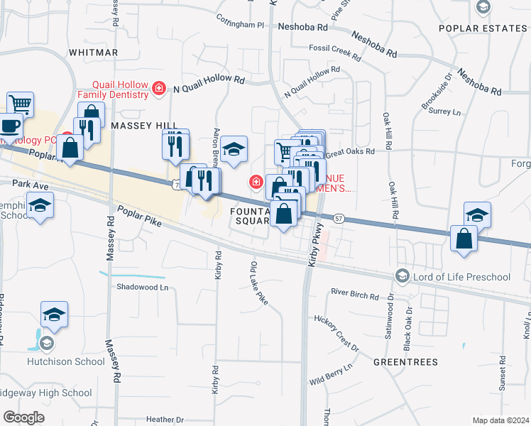 map of restaurants, bars, coffee shops, grocery stores, and more near 6617 Poplar Avenue in Germantown