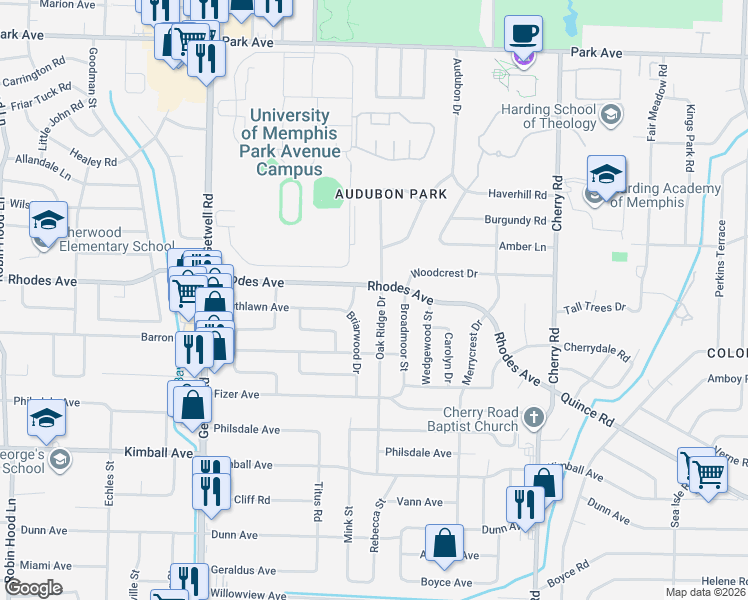 map of restaurants, bars, coffee shops, grocery stores, and more near 1223 Oak Ridge Drive in Memphis