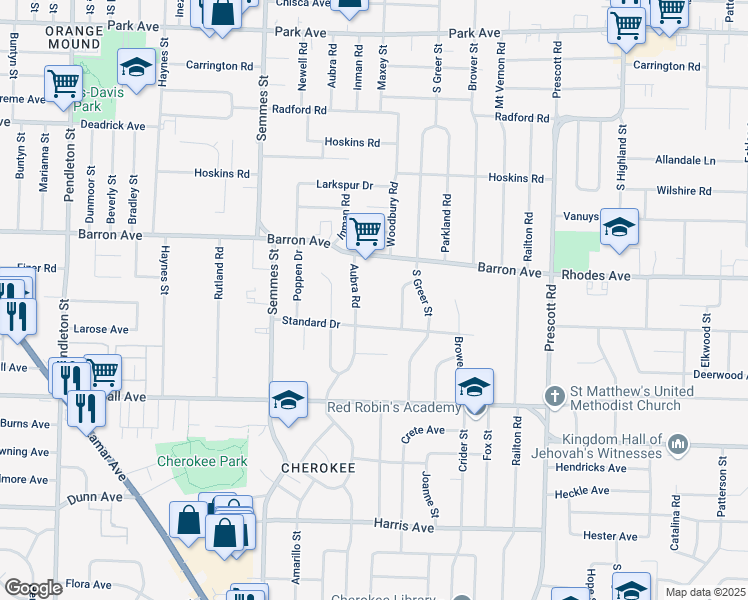 map of restaurants, bars, coffee shops, grocery stores, and more near 1224 Aubra Road in Memphis