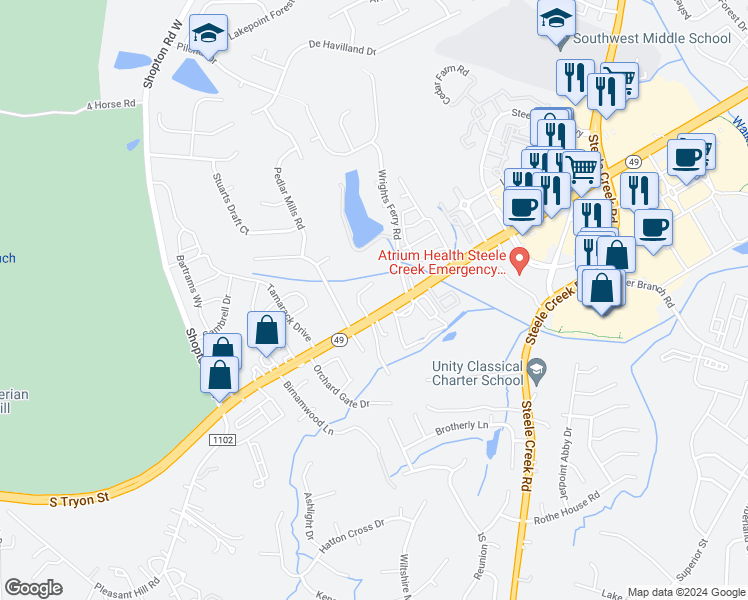 map of restaurants, bars, coffee shops, grocery stores, and more near 13600 South Tryon Street in Charlotte