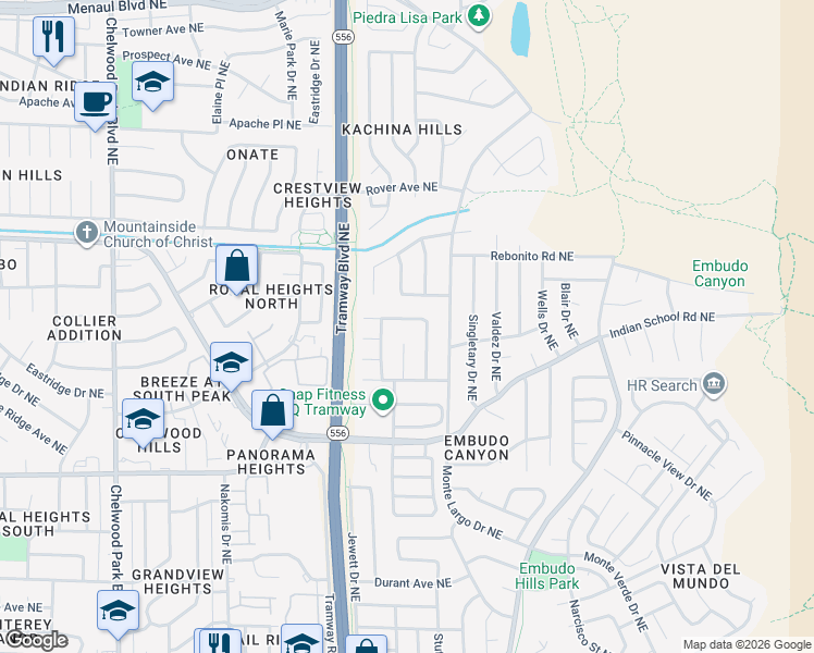 map of restaurants, bars, coffee shops, grocery stores, and more near 1636 Cullen Lane Northeast in Albuquerque