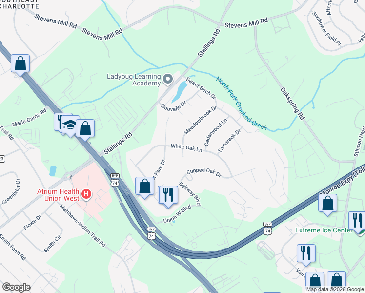map of restaurants, bars, coffee shops, grocery stores, and more near 396 White Oak Lane in Stallings