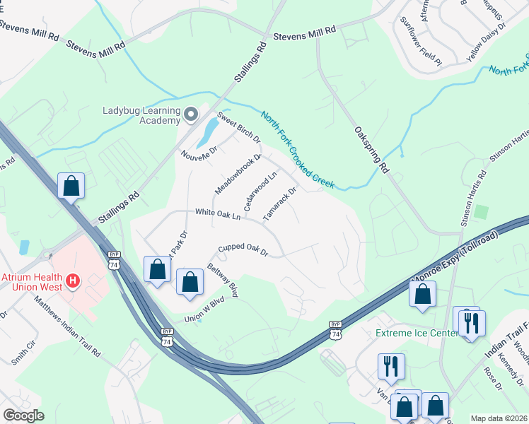 map of restaurants, bars, coffee shops, grocery stores, and more near 303 Tamarack Drive in Matthews