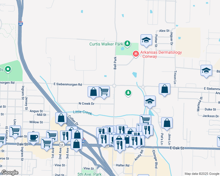 map of restaurants, bars, coffee shops, grocery stores, and more near 901 Siebenmorgen Road in Conway