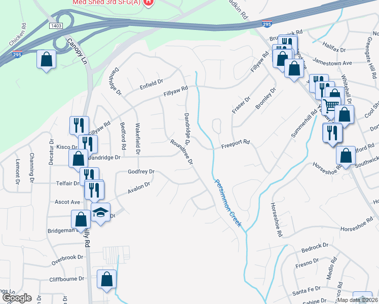 map of restaurants, bars, coffee shops, grocery stores, and more near 608 Roundtree Drive in Fayetteville