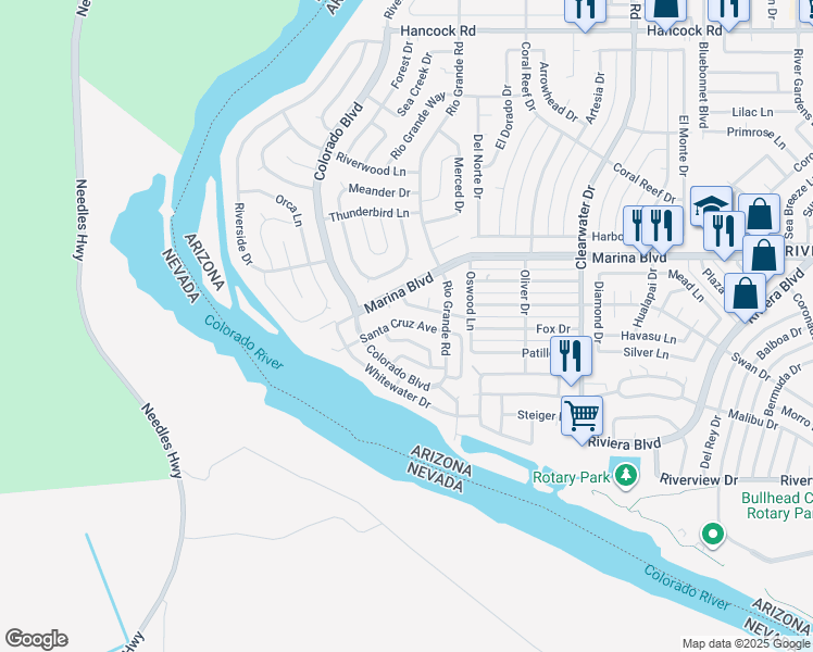 map of restaurants, bars, coffee shops, grocery stores, and more near 314 Santa Cruz Avenue in Bullhead City