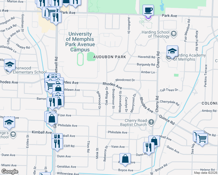 map of restaurants, bars, coffee shops, grocery stores, and more near 1223 Oak Ridge Drive in Memphis