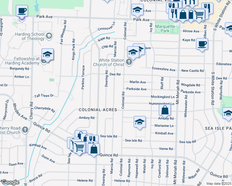 map of restaurants, bars, coffee shops, grocery stores, and more near 1218 Marcia Road in Memphis