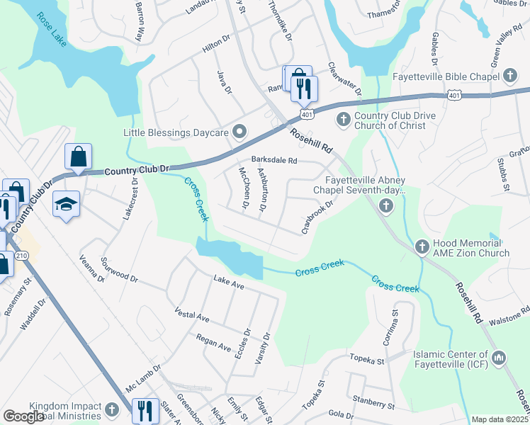 map of restaurants, bars, coffee shops, grocery stores, and more near 737 Ashburton Drive in Fayetteville