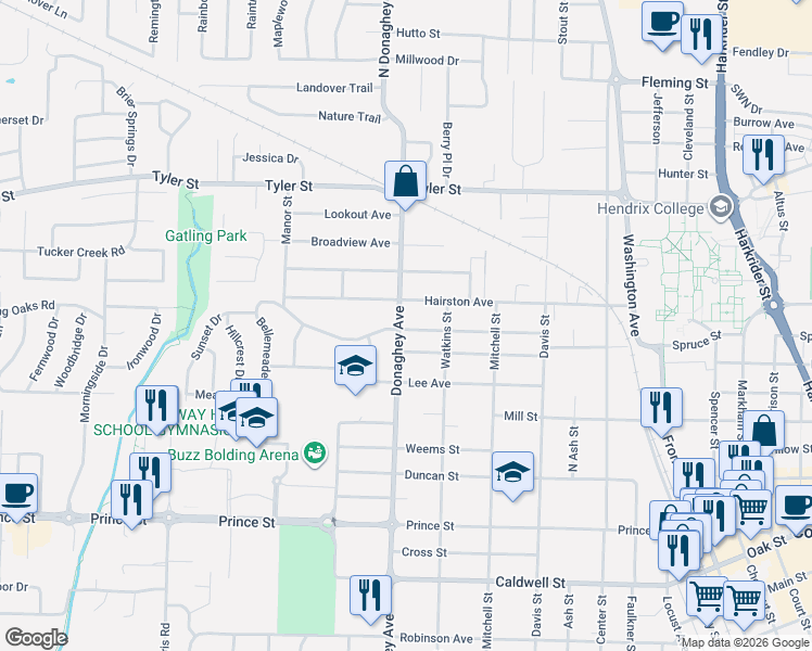 map of restaurants, bars, coffee shops, grocery stores, and more near 2020 Independence Street in Conway