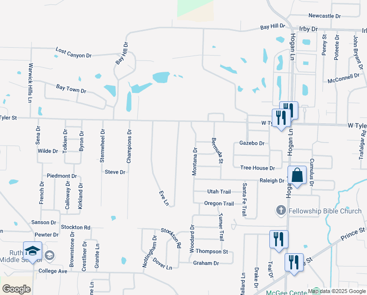 map of restaurants, bars, coffee shops, grocery stores, and more near 1325 Montana Drive in Conway