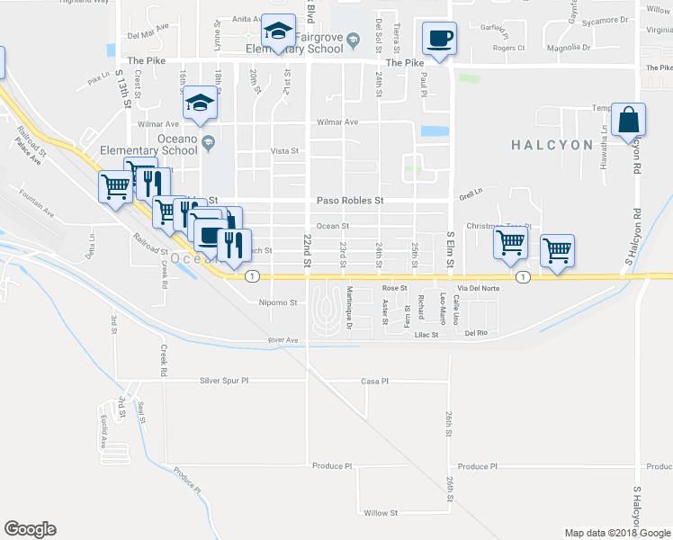 map of restaurants, bars, coffee shops, grocery stores, and more near 2281 Cienaga Street in Oceano